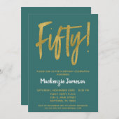 ティール（緑がかった色）金ゴールドスクリプト50th Birthday Partyへの招待 招待状 (正面/裏面)