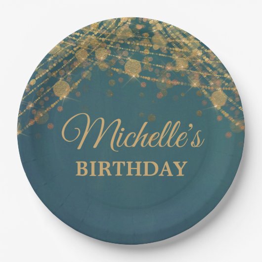 ティール(緑がかった色)金ゴールドストリングライツバースデーパーティー女性 ペーパープレート (正面)