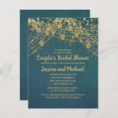 ティール(緑がかった色)金ゴールドストリングライトカップルのブライダルシャワー 招待状 (正面/裏面)