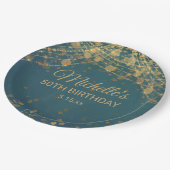 ティール(緑がかった色)金ゴールドストリングライトグリッター大人誕生日 ペーパープレート (アングル)