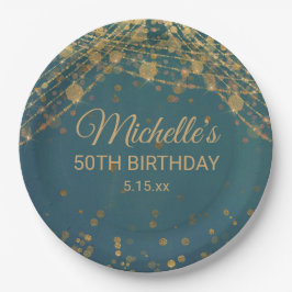 ティール(緑がかった色)金ゴールドストリングライトグリッター大人誕生日 ペーパープレート
