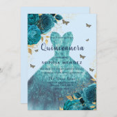 ティール(緑がかった色)金ゴールドスパークルドレスバラキンセアニェラパーティー 招待状 (正面/裏面)