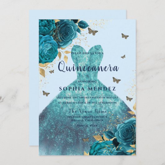 ティール(緑がかった色)金ゴールドスパークルドレスバラキンセアニェラパーティー 招待状 (正面/裏面)