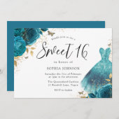 ティール(緑がかった色)&金ゴールドスパークルドレスバラスウィート16誕生日 招待状 (正面/裏面)