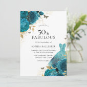 ティール（緑がかった色）金ゴールドスパークルドレスバラ50thバースデーパーティー 招待状 (スタンド正面)