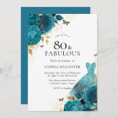 ティール（緑がかった色）金ゴールドスパークルドレスバラ80thバースデーパーティー 招待状 (正面/裏面)
