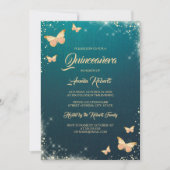 ティール(緑がかった色)金ゴールドスパークルバタフライドレスキンセアニェラ 招待状 (正面)