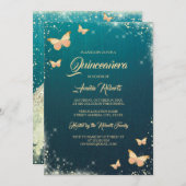ティール(緑がかった色)金ゴールドスパークルバタフライドレスキンセアニェラ 招待状 (正面/裏面)