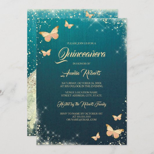 ティール（緑がかった色）金ゴールドスパークルバタフライドレスキンセアニェラ 招待状 (正面/裏面)