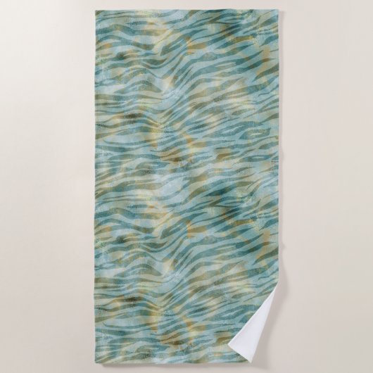 ティール（緑がかった色）金ゴールドゼブラプリント ビーチタオル (正面)