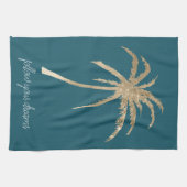 ティール(緑がかった色)金ゴールドトロピカルパームツリー キッチンタオル (横)