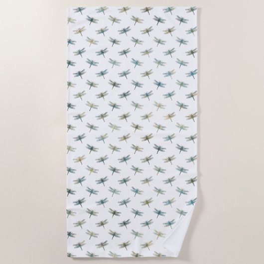 ティール（緑がかった色）金ゴールドトンボ ビーチタオル (正面)