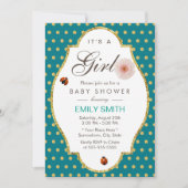 ティール(緑がかった色)金ゴールドドットデイジー&レディーバグガールベビーシャワー 招待状 (正面)