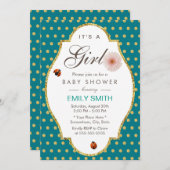 ティール（緑がかった色）金ゴールドドットデイジー&レディーバグガールベビーシャワー 招待状 (正面/裏面)