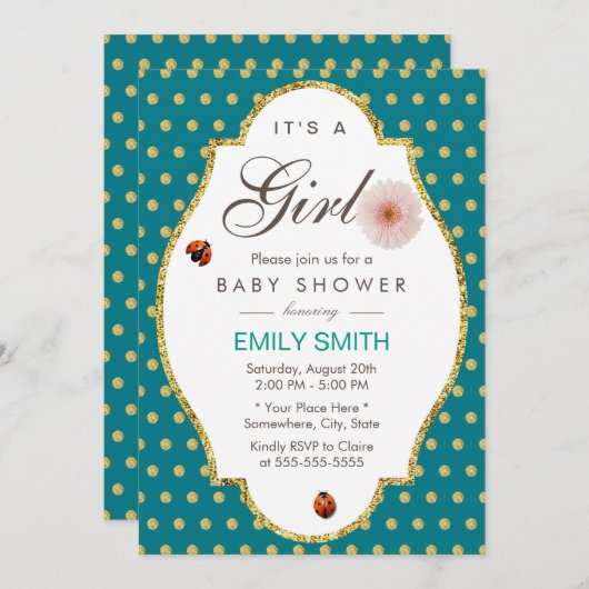 ティール（緑がかった色）金ゴールドドットデイジー&レディーバグガールベビーシャワー 招待状 (正面/裏面)