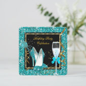 ティール（緑がかった色）金ゴールドハイヒールグリッター誕生日ブラック 招待状 (スタンド正面)