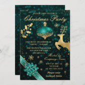 ティール(緑がかった色)&金ゴールドバウブル&リボンクリスマスパーティー 招待状 (正面/裏面)