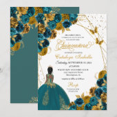 ティール（緑がかった色）&金ゴールドバタフライプリンセスキンセアニェラ 招待状 (正面/裏面)