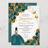ティール（緑がかった色）&金ゴールドバタフライプリンセスキンセアニェラ 招待状 (正面/裏面)