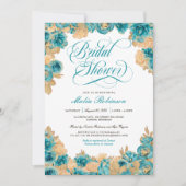 ティール(緑がかった色)金ゴールドバラエレガントフローラブライダルシャワー 招待状 (正面)