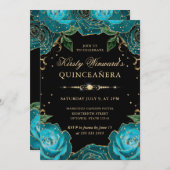 ティール（緑がかった色）金ゴールドバラフローラキンセアニェラ 招待状 (正面/裏面)