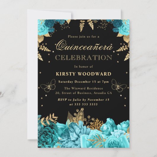 ティール（緑がかった色）金ゴールドバラフローラキンセアニェラ 招待状 (正面)