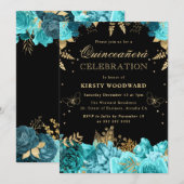 ティール（緑がかった色）金ゴールドバラフローラキンセアニェラ 招待状 (正面/裏面)