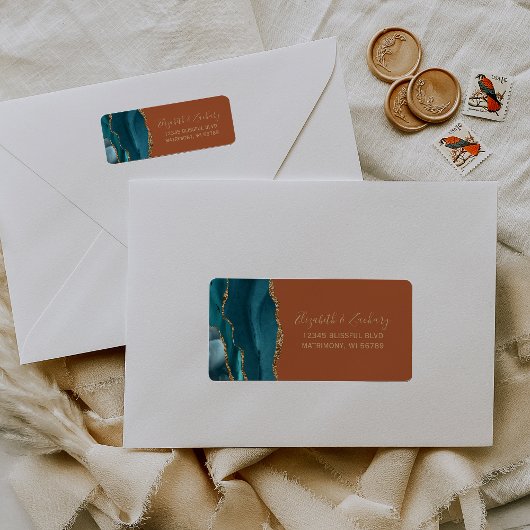 ティール（緑がかった色）金ゴールドバーントオレンジラスト結婚の差出人住所 ラベル