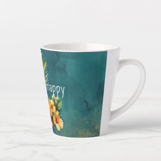 ティール(緑がかった色)金ゴールドパイナップルハイビスカストロピカルフラワー カフェラテマグ (右)