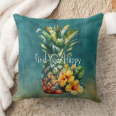 ティール（緑がかった色）金ゴールドパイナップルハイビスカストロピカルフラワー クッション (ブランケット)