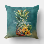 ティール（緑がかった色）金ゴールドパイナップルハイビスカストロピカルフラワー クッション (正面)
