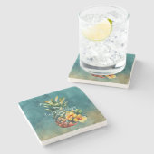 ティール（緑がかった色）金ゴールドパイナップルハイビスカストロピカルフラワー ストーンコースター (横)