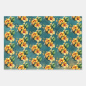 ティール（緑がかった色）金ゴールドパイナップルハイビスカストロピカルフラワー ラッピングペーパーシート (正面)
