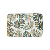 ティール(緑がかった色)、金ゴールドパターン(の模様が)ある熱帯葉のブラシ バスマット (正面)