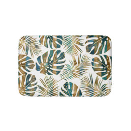 ティール（緑がかった色）、金ゴールドパターン（の模様が）ある熱帯葉のブラシ バスマット
