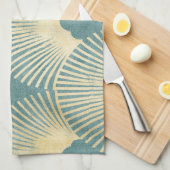 ティール(緑がかった色)金ゴールドパターン、ファン羽毛パターン、アールデコカイ キッチンタオル (四つ折り)