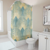 ティール（緑がかった色）金ゴールドパターン、ファン羽毛パターン、アールデコカイ シャワーカーテン (インサイチュ)