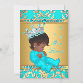 ティール(緑がかった色)金ゴールドパールプリンセスベビーシャワーエスニック 招待状