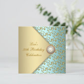 ティール(緑がかった色)金ゴールドパール女性50thバースデーパーティー 招待状 (スタンド正面)