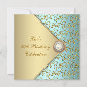 ティール(緑がかった色)金ゴールドパール女性50thバースデーパーティー 招待状 (正面)
