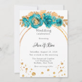 ティール(緑がかった色)金ゴールドピオニー幾何結婚お祝い 招待状 (正面)