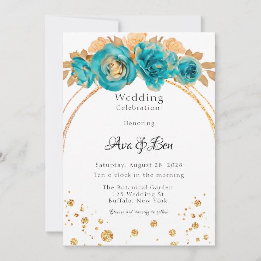 ティール（緑がかった色）金ゴールドピオニー幾何結婚お祝い 招待状 (正面)
