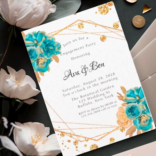 ティール（緑がかった色）金ゴールドピオニー幾何結婚お祝い 招待状