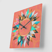 ティール(緑がかった色)金ゴールドピンクアステカサウスウエスデコール スクエア壁時計 (傾斜)