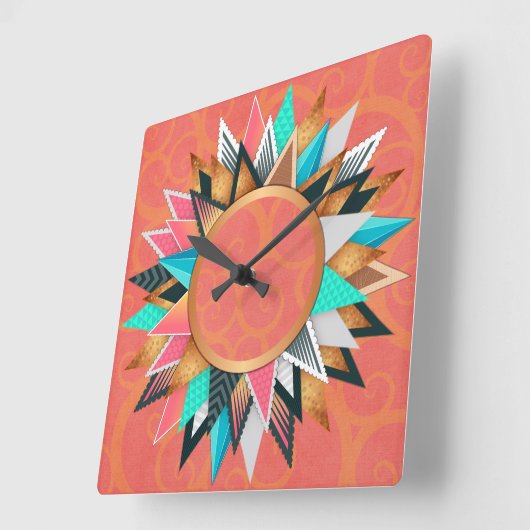 ティール（緑がかった色）金ゴールドピンクアステカサウスウエスデコール スクエア壁時計 (傾斜)