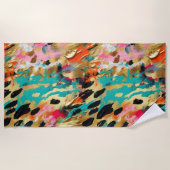 ティール（緑がかった色）金ゴールドピンクヒョウ ビーチタオル (正面)