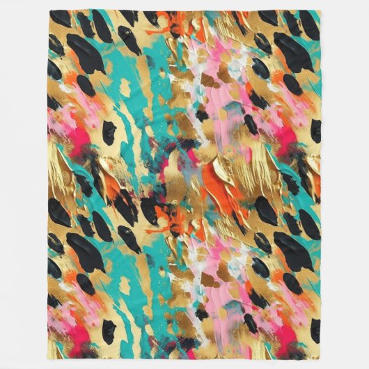 ティール（緑がかった色）金ゴールドピンクヒョウ フリースブランケット (正面)
