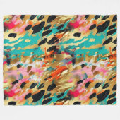 ティール（緑がかった色）金ゴールドピンクヒョウ フリースブランケット (正面(横))