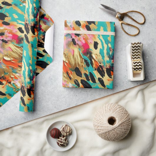 ティール（緑がかった色）金ゴールドピンクヒョウ ラッピングペーパー (クラフト)