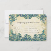 ティール（緑がかった色）&金ゴールドピーコックウェディングRSVP 出欠カード (正面)